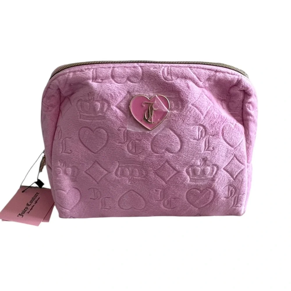 Juicy Couture Pink Velour‎ Embossed Heart Crown Travel Cosmetic Makeup Bag NWT